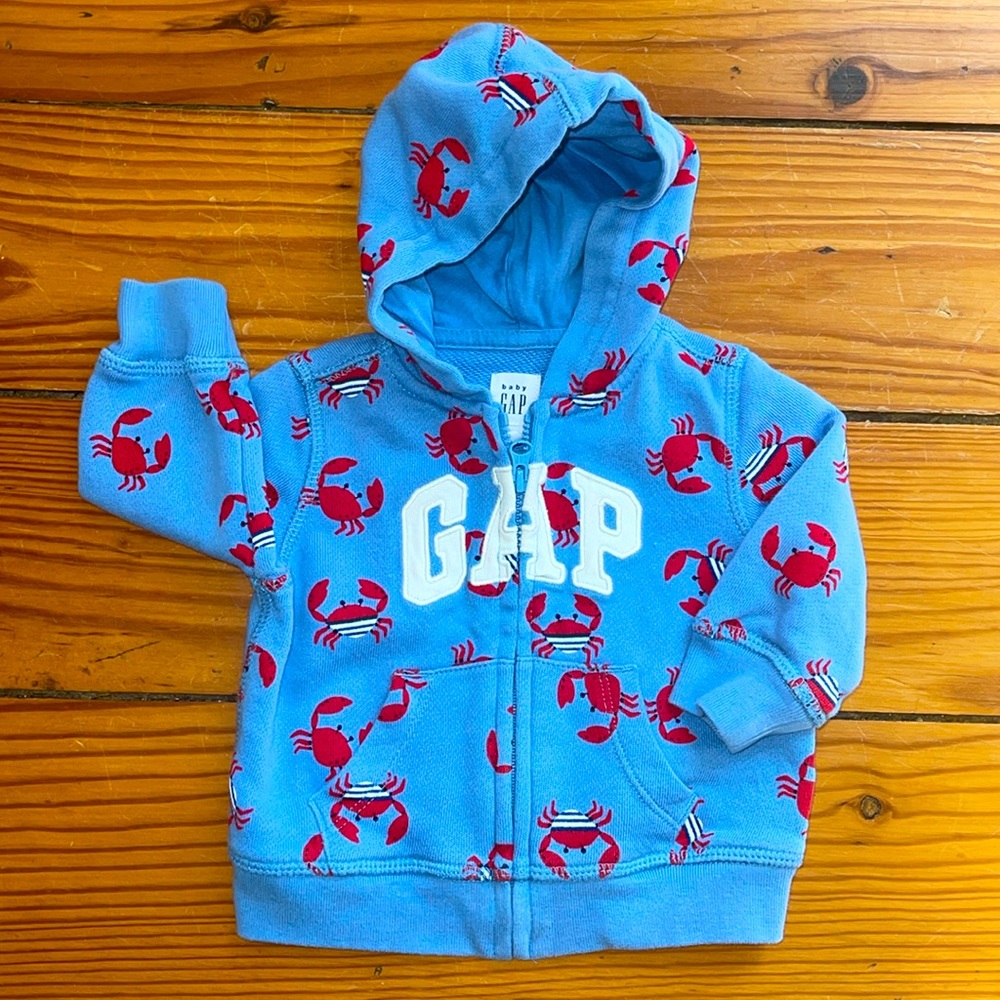 Baby GAP blue crab zip up hoodie sweatshirt size 3-6M